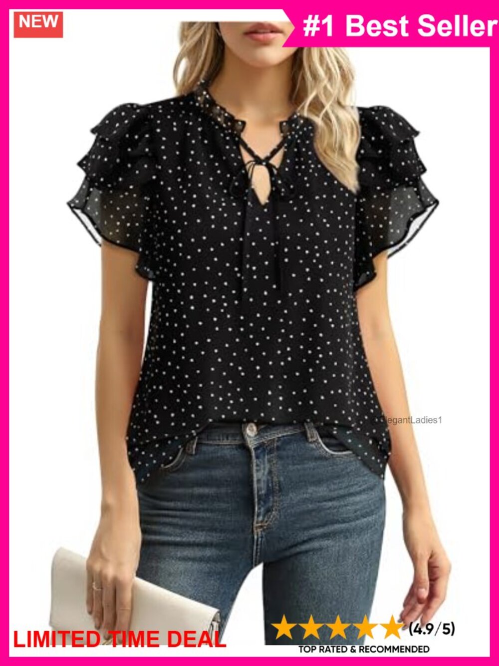 Chiffon Ruffle Short Sleeve V-Neck Blouse Tie Detail Women's Work Top